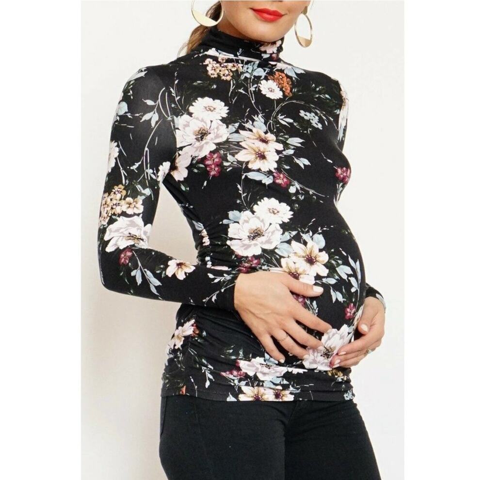 Yumi Kim Destiny Maternity Black Floral Turtle Neck Top Size XS